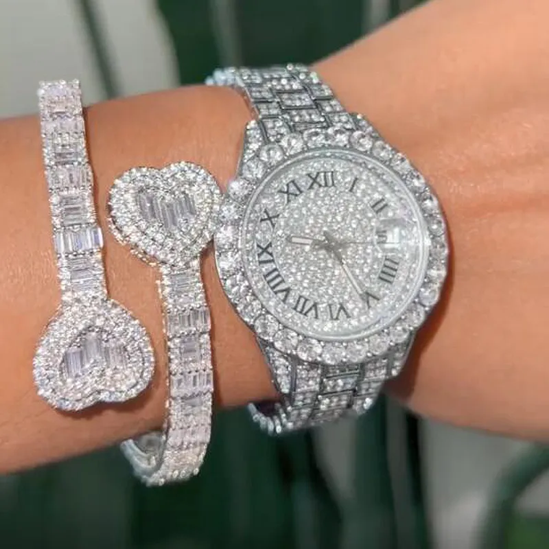 Delicada Baguette CZ Forma de Coração Ajustável Cuff Bangle Pulseira Iced Out Bling 5A Zircônia Cúbica MULHERES Hiphop Jóias