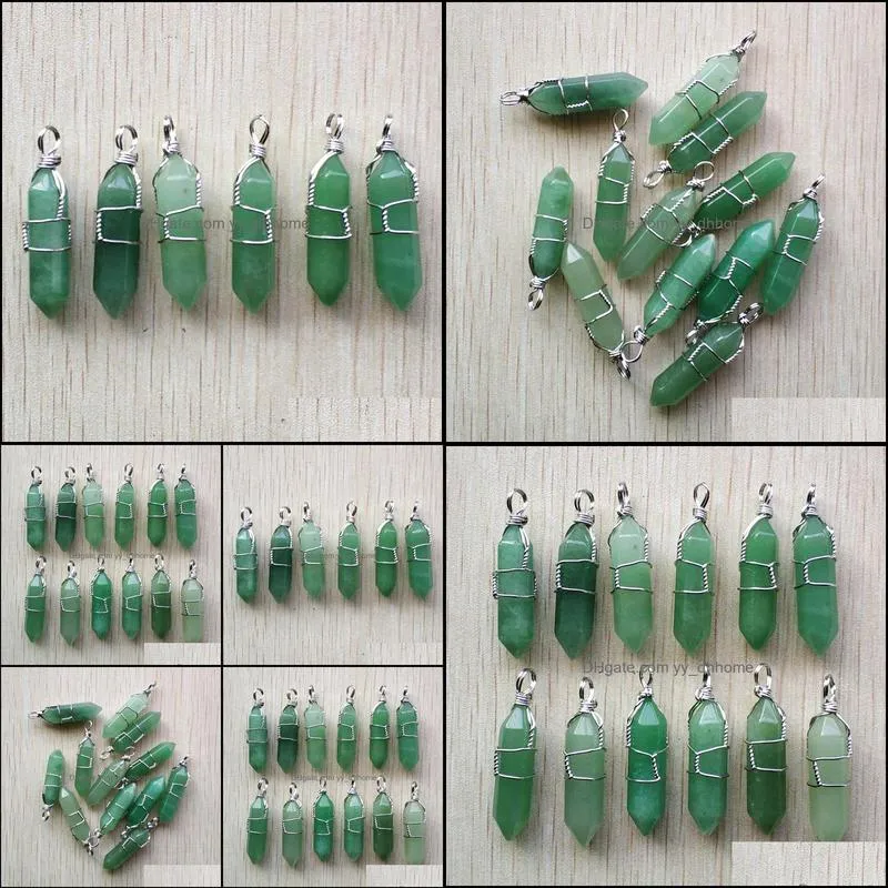 silver color wire wrapped green aventurine pillar charms hexagon pendulum pendant healing crystal stone hangings fashion jewelry making