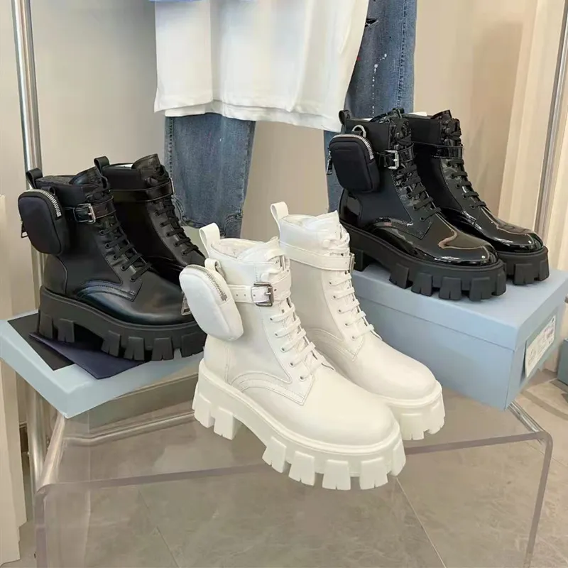 Monolith White Skórzane nylonowe nylonowe kostki buty butów platforma kliny koronkowe okrągłe buty na bokach płaskie botki masywny luksusowy projektant dla kobiet Factory Footwear46