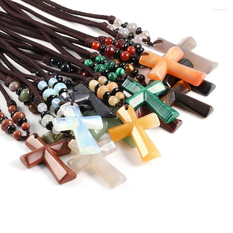 Pendant Necklaces 2022 Natural Stone Cross Necklace Crystal Agates Tiger Eye Opal Malachite For Women Men Charm Jewelry Gift