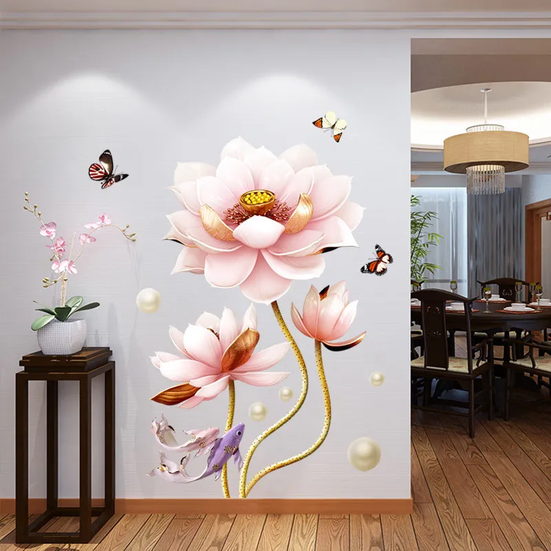 3d lotus çiçek oturma odası ev dekoru vinil duvar çıkartmaları balık su geçirmez yatak odası dekorasyon poster duvar kağıdı y200103 atyon kağıdı
