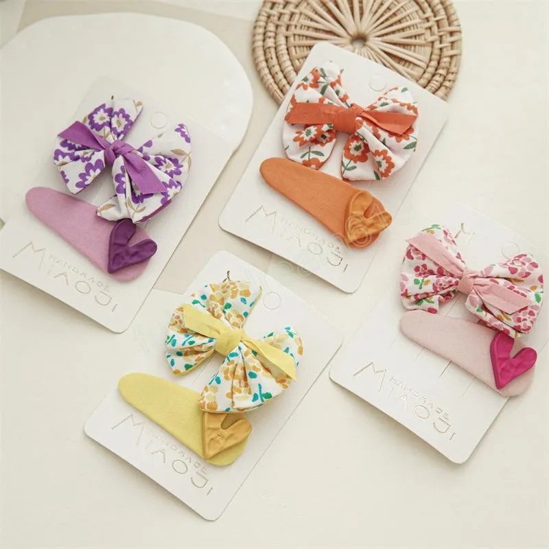 2 Pieces Children Floral Bow-tie Heart Barrettes Cute Lovely Baby Kid Bang Fabric Hair Clips Korean Multi Color Bowknot Silver Edge Scrunchies Hairpins Ornaments