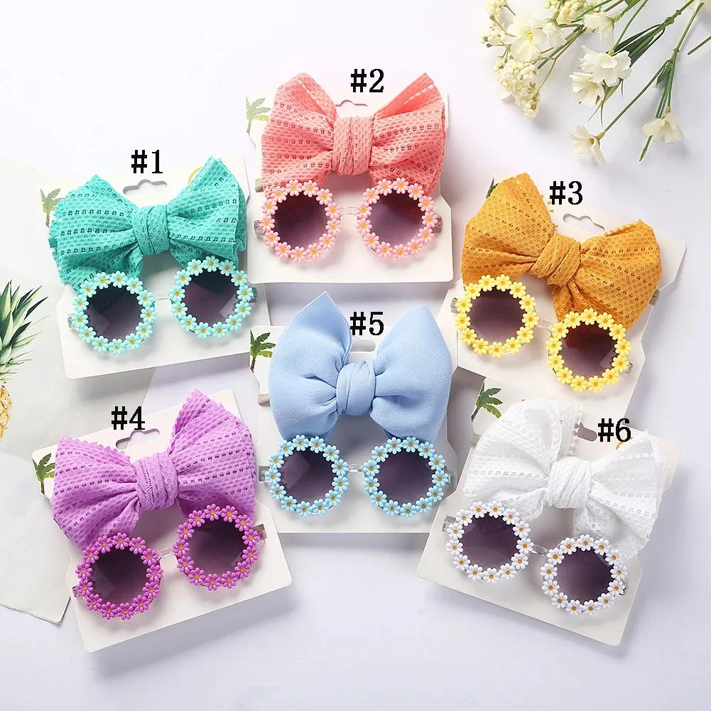 2022 2pc Daisy Flower Baby Zonnebril UV400 Boy Girl Photography Props Hollow Nylon Hoofdband Hair Bands Picnic oogdeksels