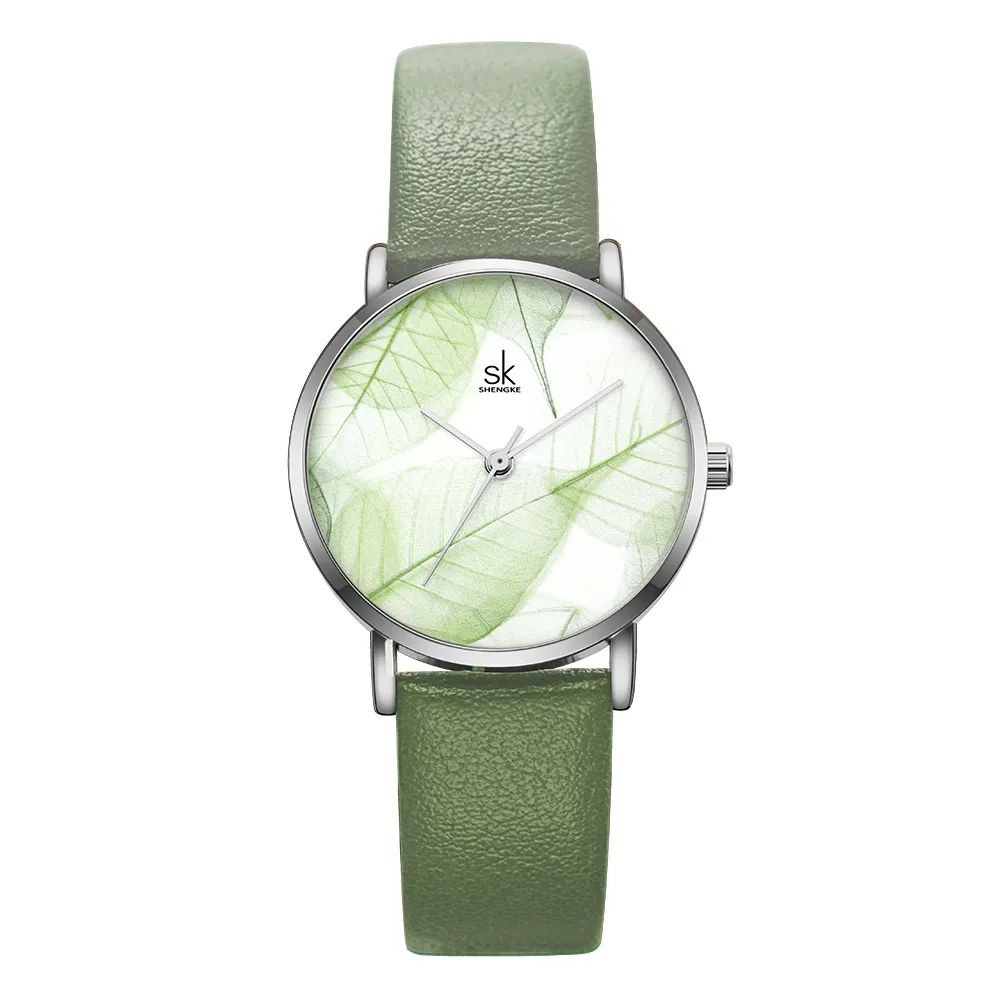 Zegarek Damski – montre-bracelet à Quartz pour femmes, cadran vert, bracelet en cuir fin, Design Simple, boîtier Ultra fin, nouvelle collection