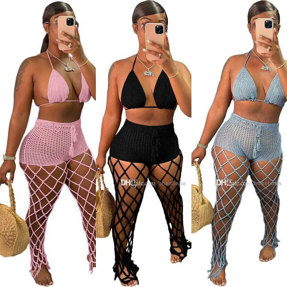 2022 Summer Womens Hollow Out Perspective Two Piece Set Beach Style Fishing Net Hook Sexig Fashion Bra Matching Set
