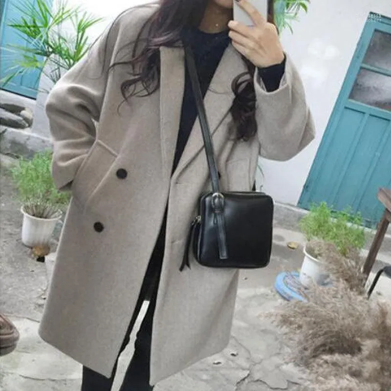 Women's Wool & Blends Women Jackets Outerwear Woolen Double Breasted Loose Large Sizes Korean Casual Winter Thicken Warm Overcoat Phyl22