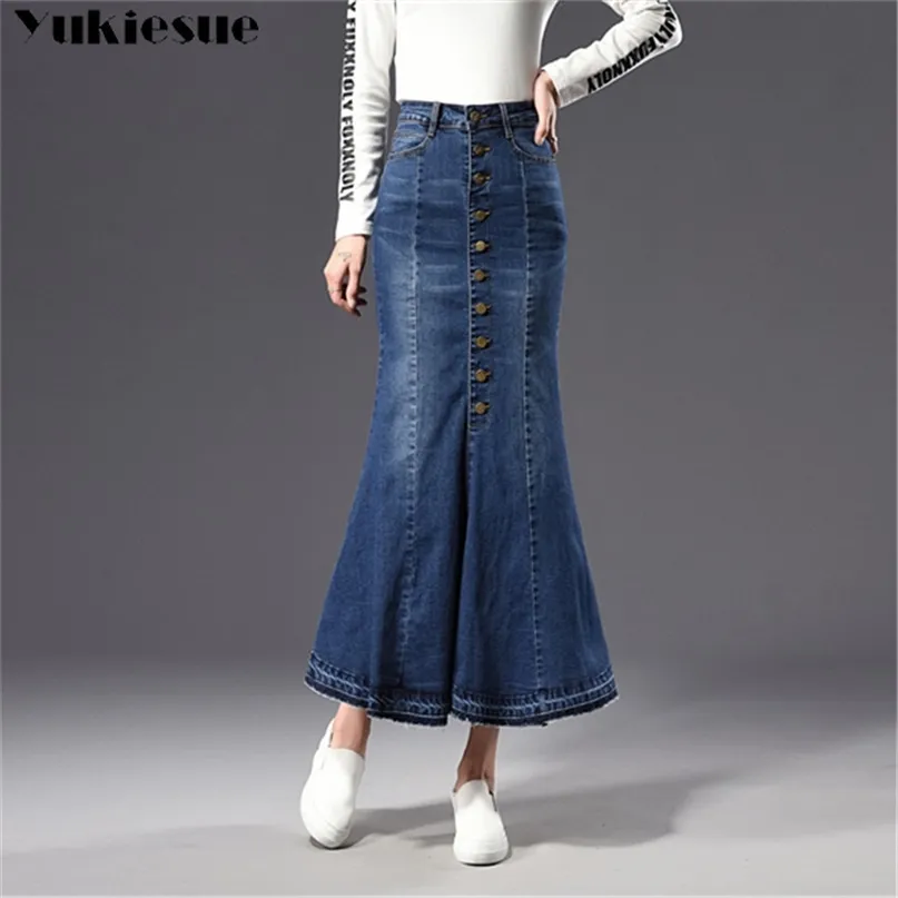 Harajuku vintage bodycon dames lange rok met hoge taille vrouwen rok trompet zeemeermin denim jeans rokken dames jupe femme 210412