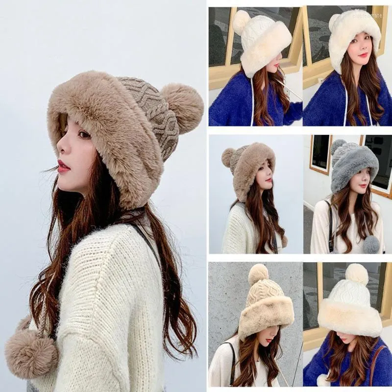 Gorro/Borros de Caveira Chapéu à Prova de Vento Malha Bola de Cabelo de Inverno Pêlo Falso Fio de Lã Bobble Gorro Engrossado Quente Gorro/Caveira Elob22