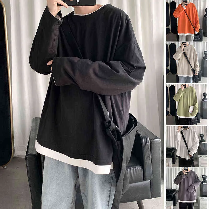 Hybskr Solid 7 Color Men's Long Sleeve T-shirts Harajuku Fake Two Piece Casual O Neck T Shirt Cotton Man Korean Topps kläder T220808