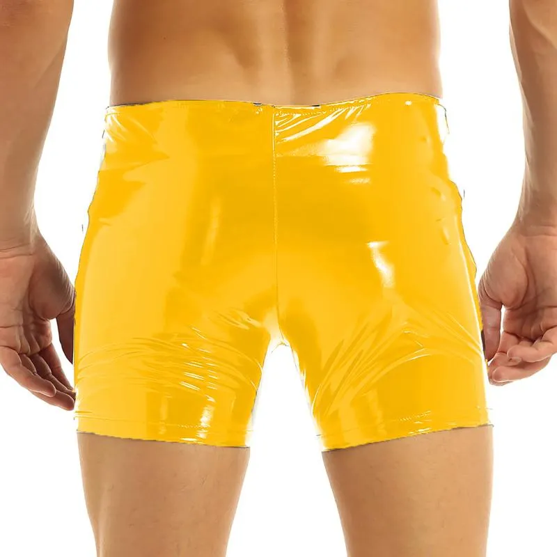 Shorts Masculino Sexy Wet Look PVC Zipper Skinny Running Sports Calças Curtas Compressão Fitness Couro envernizado Push Up Clubwear Masculino