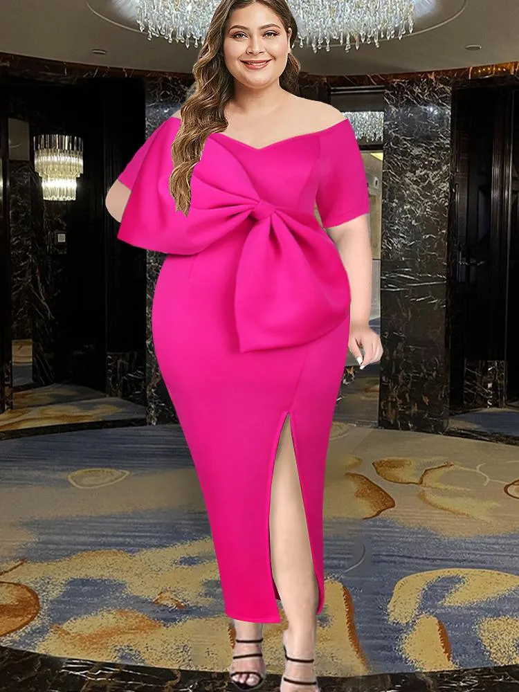 Plus Size Elegant Party Dress Women's Short Sleeve Bow Bodycon, Sexy Bare  Shoulder Slit Robe, African Evening Summer Dress