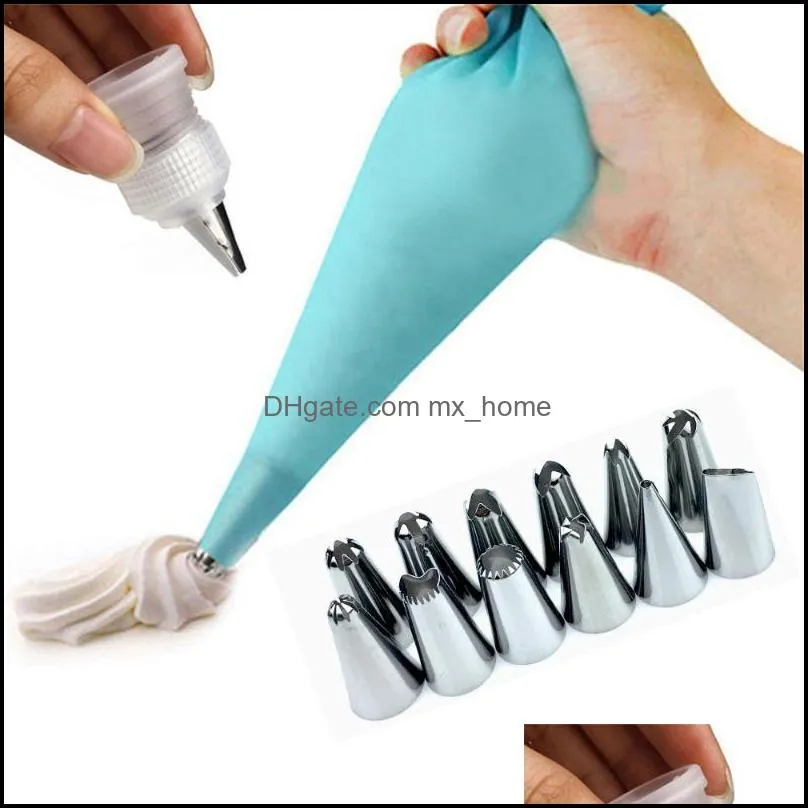 1Pc Silicone Icing Piping Cream Pastry Bag+12 Nozzles Set Cake Decorating Baking Tool with 1 Converter