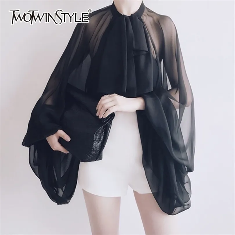 TWOTWINSTYLE Bowknot Chiffon Bluse Shirt Frauen Laterne Hülse Tüll Transparent Sexy Tops Große Größe Frühling Sommer Casual 210326