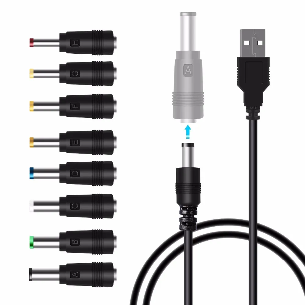 Cavo di alimentazione da USB a CC, cavo di ricarica jack universale 8 in 1 Cavo di alimentazione con 8 adattatori per connettori intercambiabili