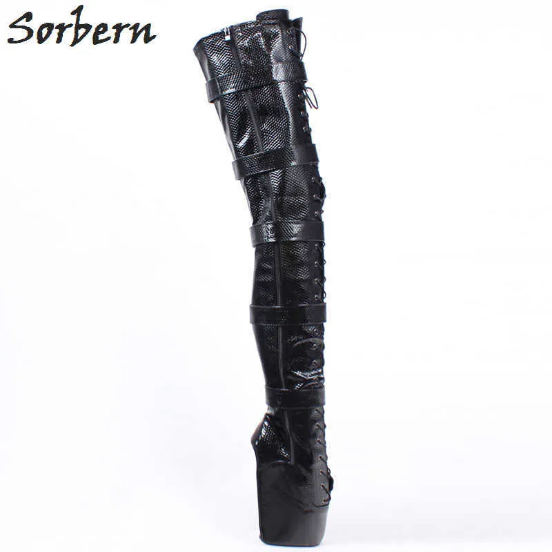 Sorbern Patent Snake Crotch Lår High Boot Kvinnor Ballett Wedges Straps Förpackad Lace Up Storlek 11 Kvinnor Skor Fetisch för Drag Queen