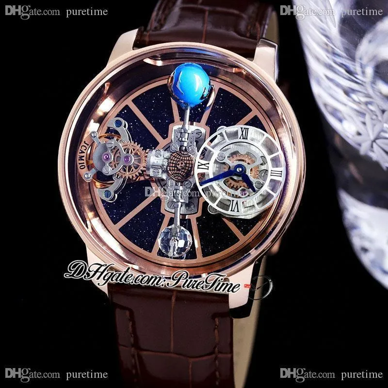 2022 Astronomia Tourbillon Swiss Quartz Men s Watch Rose Gold Blue Sky Skeleton 3D Globe Dial Black Leather Strap Super Edition