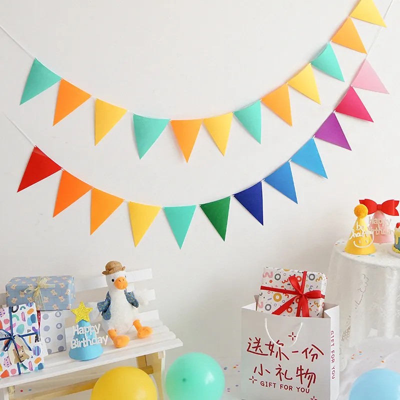 Rainbow Banners Triangular Felt Bunting montado Mulicolor Decorações de festa de aniversário coloridas Conjunto de suprimentos para o dia infantil MJ0535