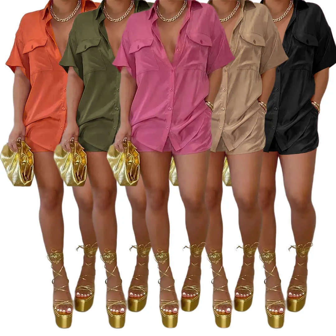 2 피스 여성 반바지 세트 트랙 슈트 2023 여름 패션 캐주얼 버튼 포켓 셔츠 붕대 바지 의상