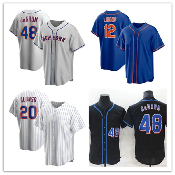 Maillots de baseball Jacob deGrom 48 Pete Alonso 20 Francisco Lindor 12 Blanc Bleu Gris Noir Couleur Bouton Homme Taille S-XXXL Cousu Mix And Match Tous les maillots Vierges Sans nom