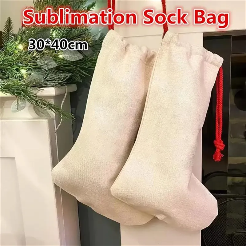 Sublimation Blank Christmas Stocking Bag Burlap Linen Halloween Xmas Personalized Heat Transfer Printing Drawstring Socks