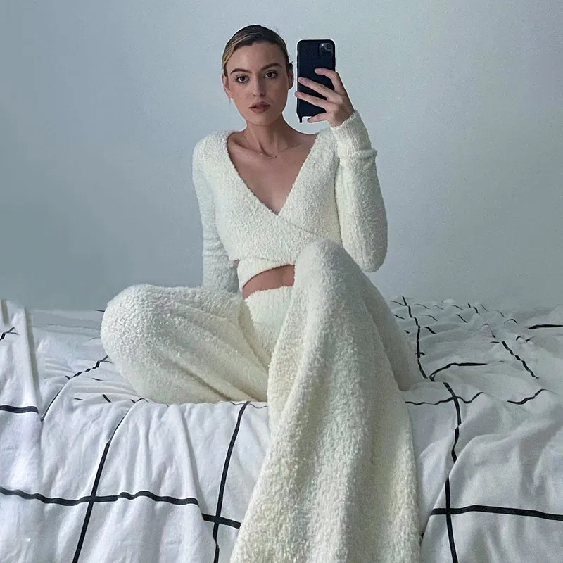 Fuzzy Loungewear Set Womens Two Piece Crop Top & Pants Set Cozy