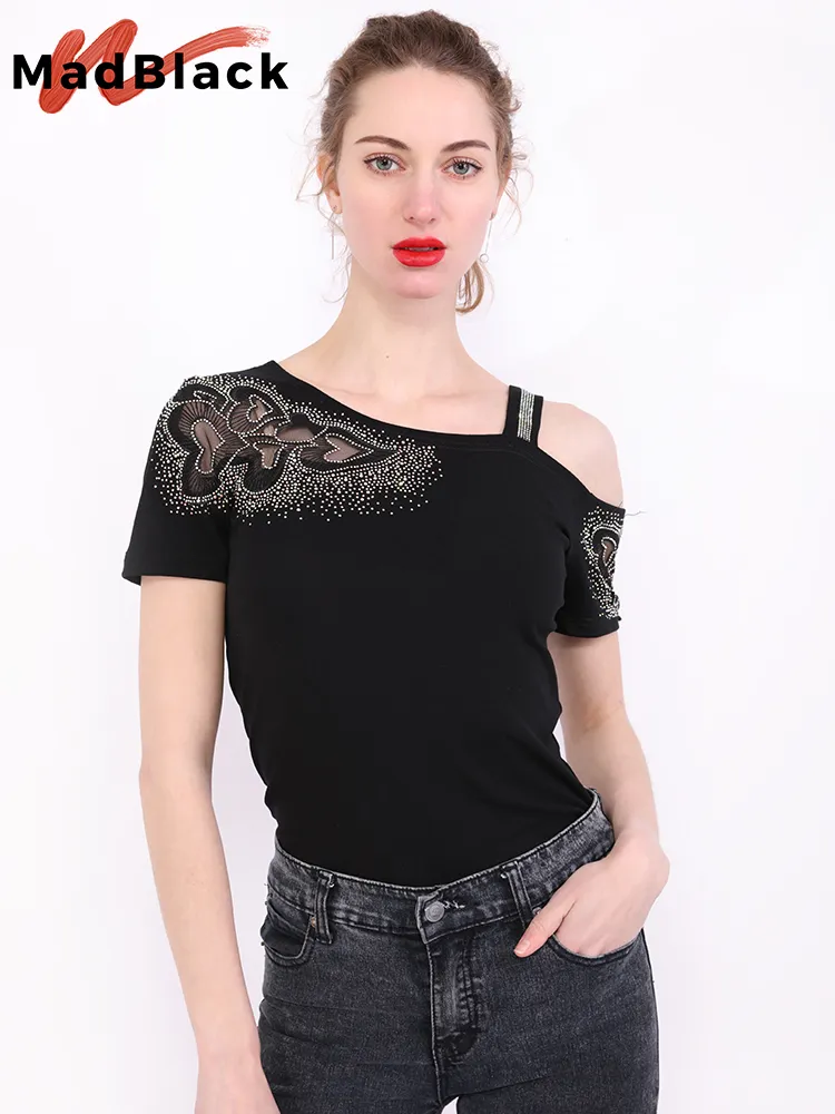 Verão Estilo Coreano T-shirt de Algodão Chic Sexy Skew Collar Patchwork Mesh Malha Amor Brilhante Diamantes Mulheres Tops de Manga Curta T16408A 220411