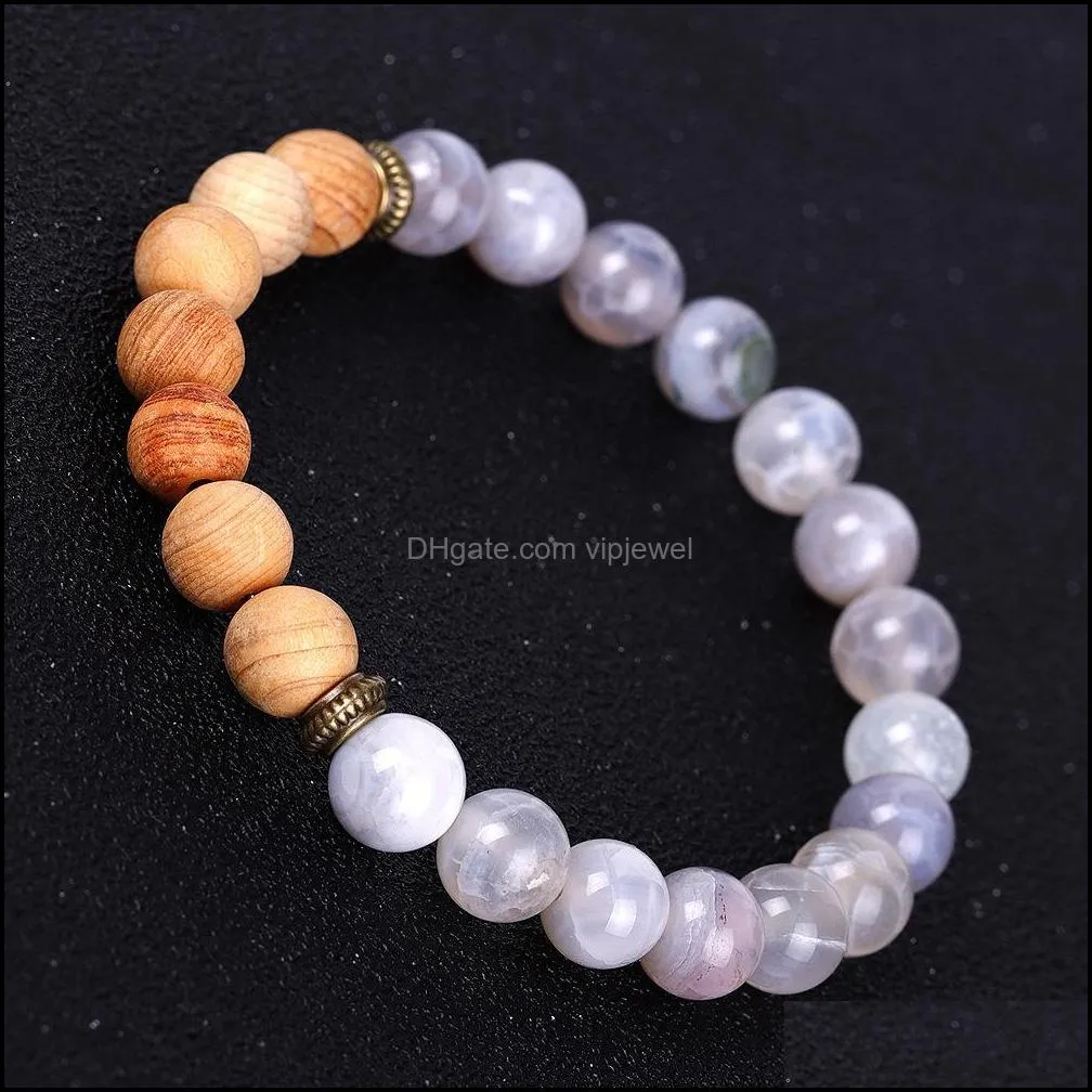 natural agate stone bracelet 8mm yoga wood beads bangle gemstone beaded stretch bracelets for women men charm jewelry w34f