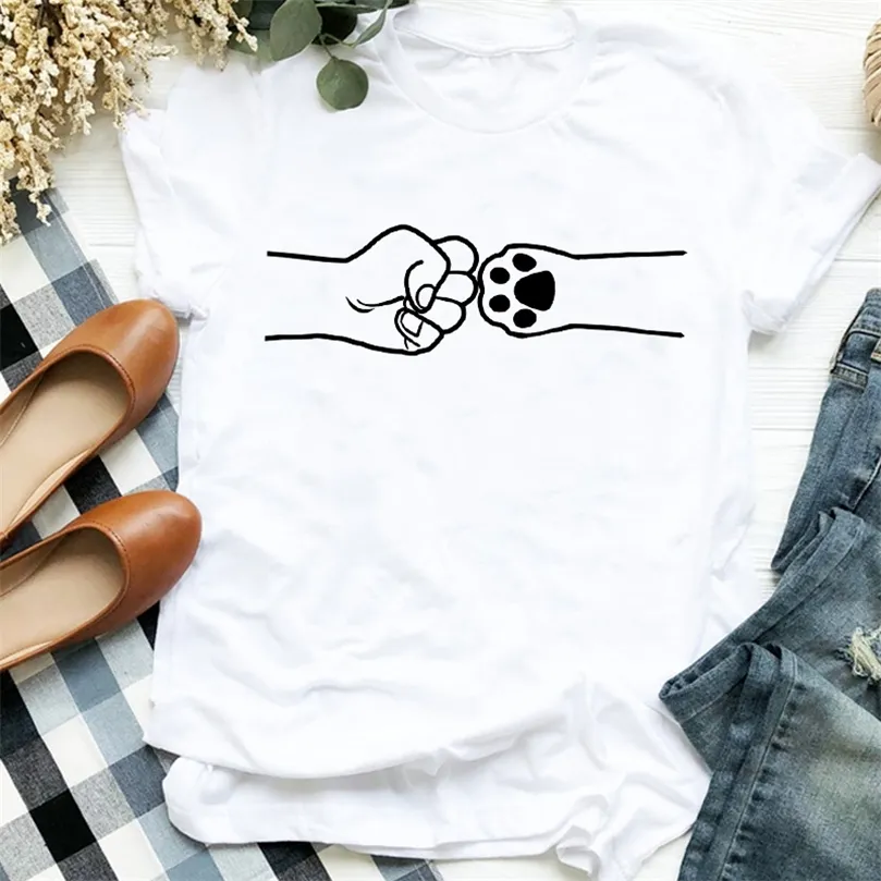 여자 아가씨 인쇄 고양이 개 발 패 패션 동물 재미 90 년대 인쇄 여자 셔츠 옷을위한 tee womens tshirt top top graphic tshirt 220527