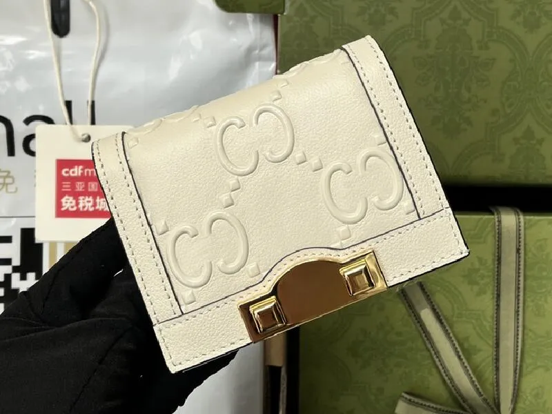 Realfine Wallets 5A 676150 11cm porte-cartes porte-monnaie blanc en cuir gaufré portefeuille pour femmes avec boîte à sac à poussière