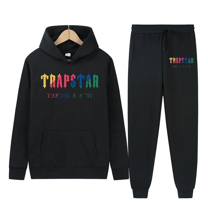 Autunno/Inverno Marca TRAPSTAR Tuta da uomo con cappuccio Set sportivi Moda Arcobaleno Peluche Ricamo Felpa in pile Pantaloni sportivi 220602