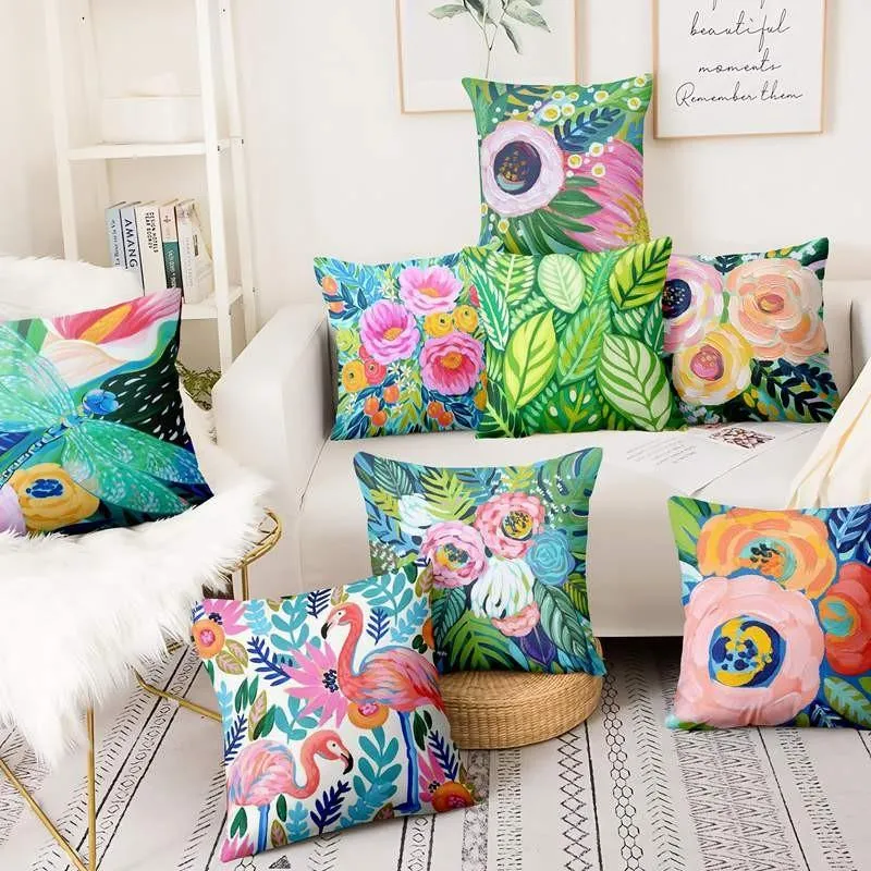 Cushion/Decorative Pillow Home Decoration Watercolor Flowers Painting Print Pillowcase Decor Sofa Throw Christmas Decorations CushionsCushio