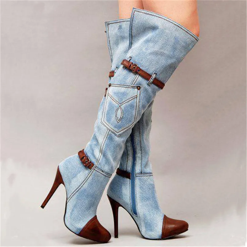 Overknee-Frauenstiefel Herbst Winter Denim High Heels Damenschuhe Sexy Schnallenriemen Plattform Lange Stiefel Oberschenkelhohe Stiefel Y200723