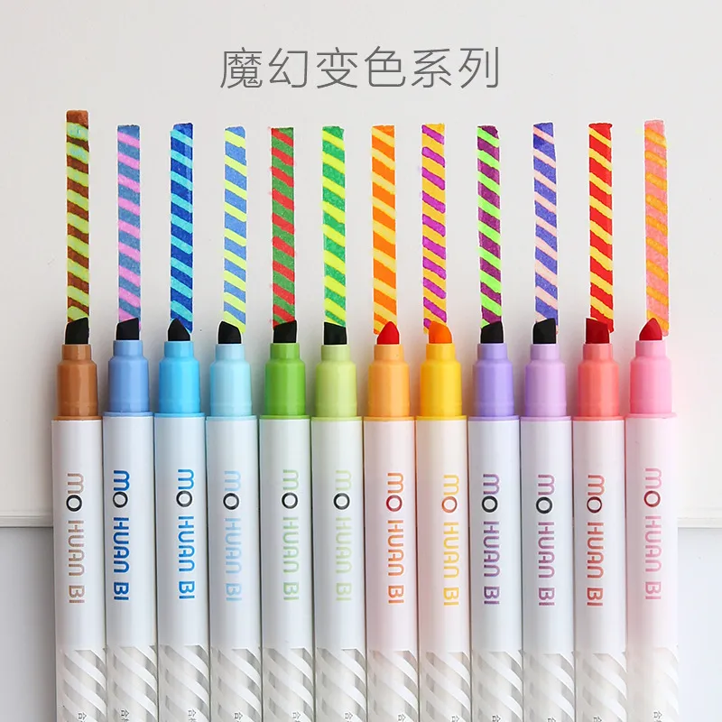 12 pcspack Magic Discoloration DoubleHeaded Highlighters Art Markers Fluorescent Color Pen Fine Liner School Office Stationery 201116