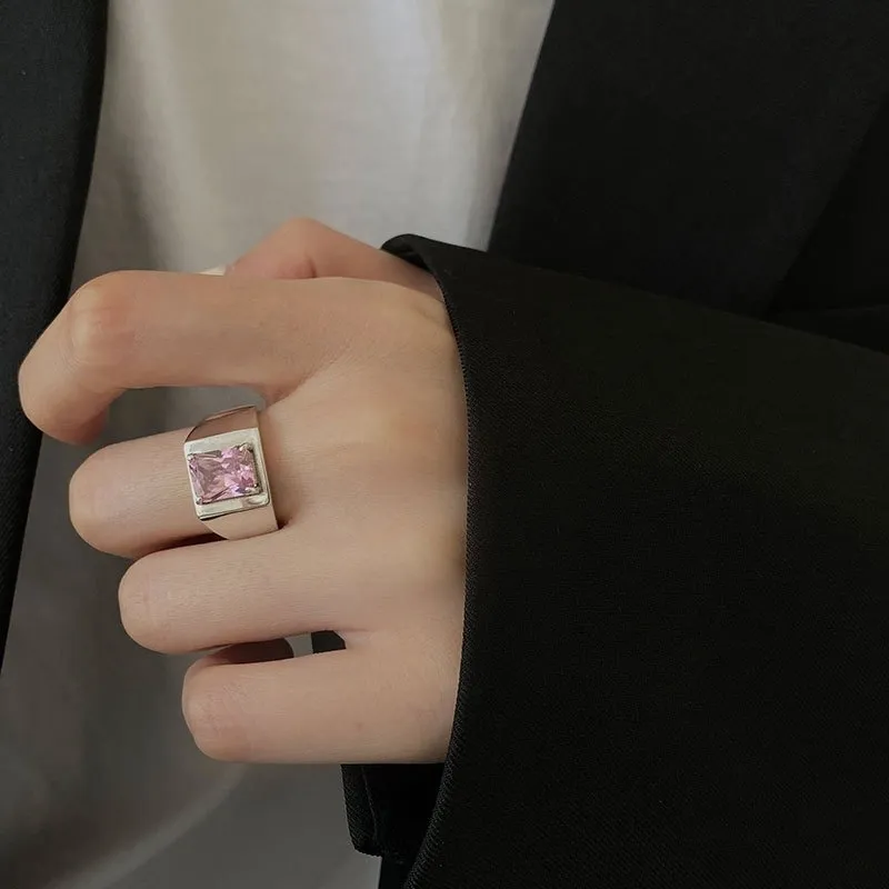Silvology 925 anillos cuadrados de plata de ley con circonita rosa para mujeres y hombres, anillo elegante de lujo ancho y grueso, joyería de boda minimalista