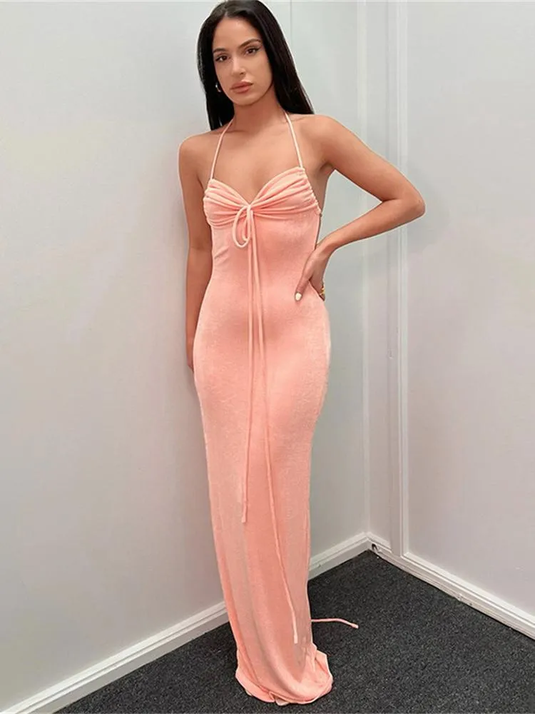 Womens White Backless Halter Maxi Dress with Flutter Sleeves, Polyester Fit  and Flare Floor-Length Casual Dress for Summer from Dhgate Basic & Casual  Dresses - price 27.22