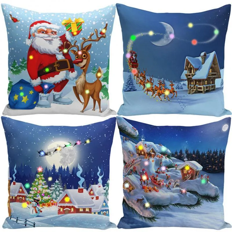 Kussen/decoratief kussen Santa Elk Led Light Creative Printing Super Soft Short Plush Case Car Cushion Cover Kerstcadeau 45 45cmcushion/
