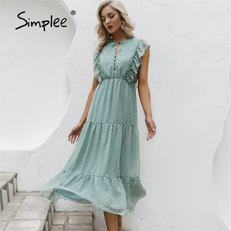 Summer Loose Casual Ruffled Women's Dress Holiday Beach Green Buttoned Long Dress Elegant Lady Sleeveless Vestidos 220511