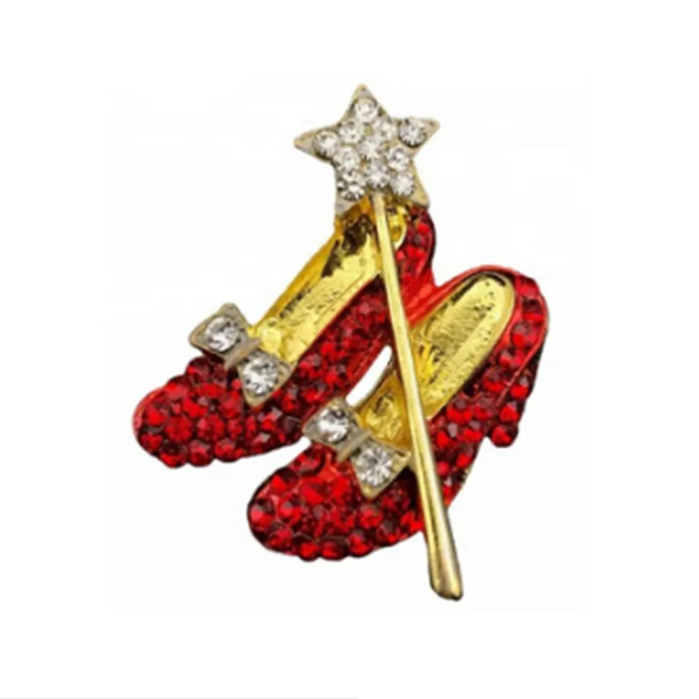 50st/Lot Gold Tone Crystal Dorothy Wizard of Oz Style Brosches Red High Heeled Shoes Brosch Bow and Star Lapel Pin