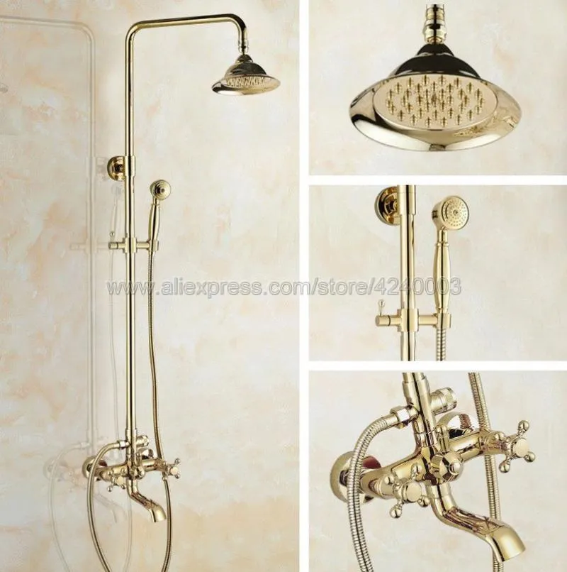 Bathroom Shower Sets Solid Brass Double Handles Mixer Tap Tub Swivel Spout Hand Faucet Gold Polished Kgf387Bathroom