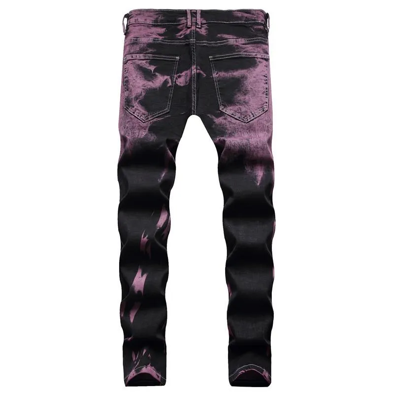 Мужские джинсы Мужские джинсы Легкие роскошные облегающие джинсовые брюки с принтом тай-дай Высококачественные рваные украшения Фиолетовый Уличная мода Сексуальная повседневная одежда