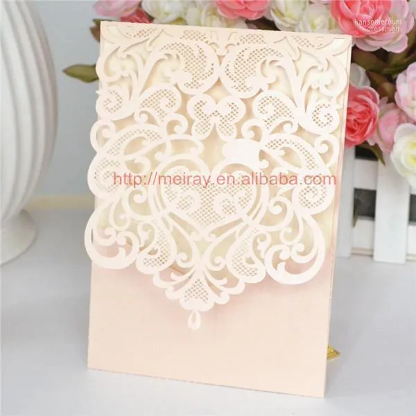 Wholesale- Laser Cut Wedding Invitation Pocket Greeting Cards Pockets Fold Invitations Peach1