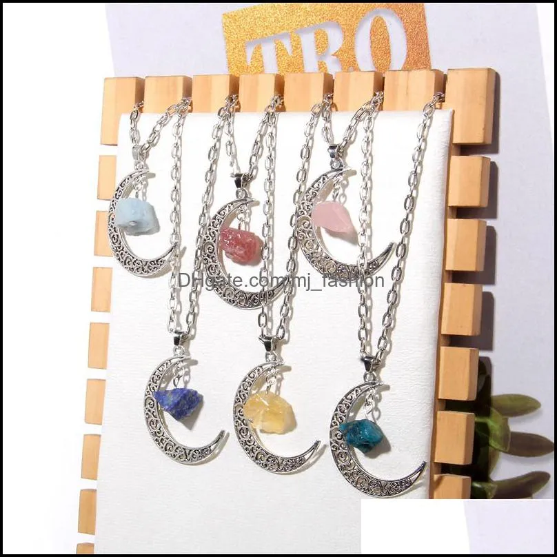 natural crystal reiki raw stone retro moon pendant necklace geometric faith healing quartz chain necklaces jewelry party gif mjfashion