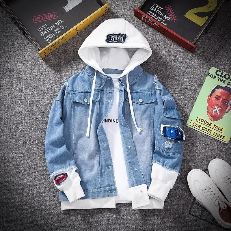 Herrjackor män denim jacka streetwear hip hop hooded jean manlig lös ytterkläder smal fit päls blå falska 2 datorer