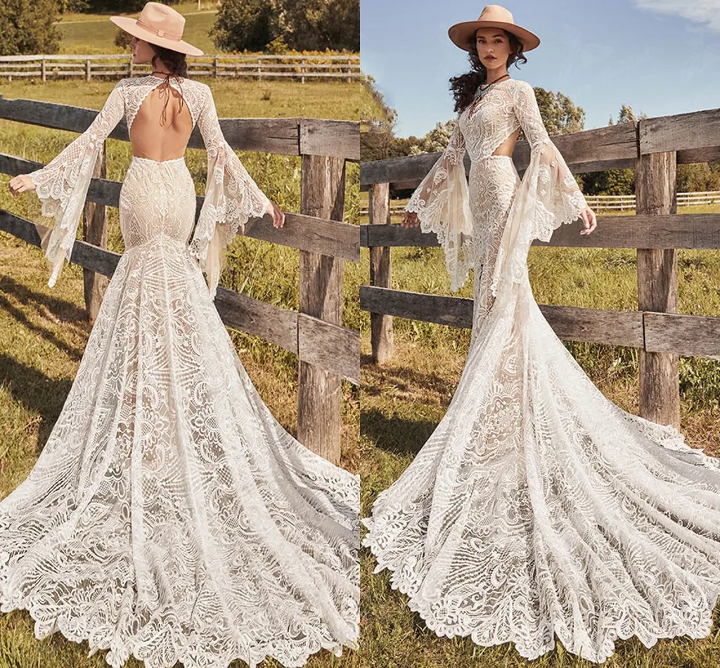Boho fishtail wedding dress deals