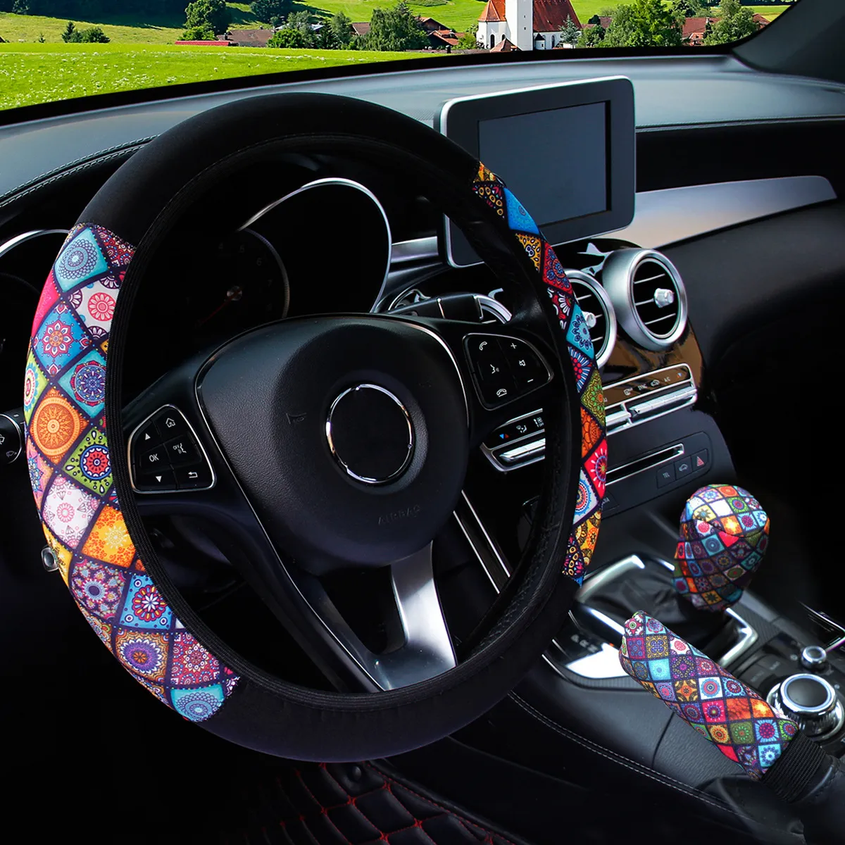 Fleurs décoratives 38 cm élastique couverture de volant de voiture Style  ethnique impression anti-dérapant style voiture volant intérieur accessoires