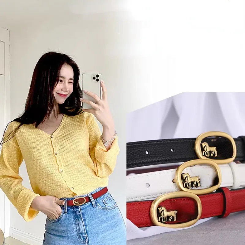 Topselling Classic Luxury Belts 여성 유명한 브랜드 벨트 디자이너 새로운 한국 버전 캐리지 버클 얇은 좁은 허리띠 패션 트렌드 다목적 인 INS 스타일 거들