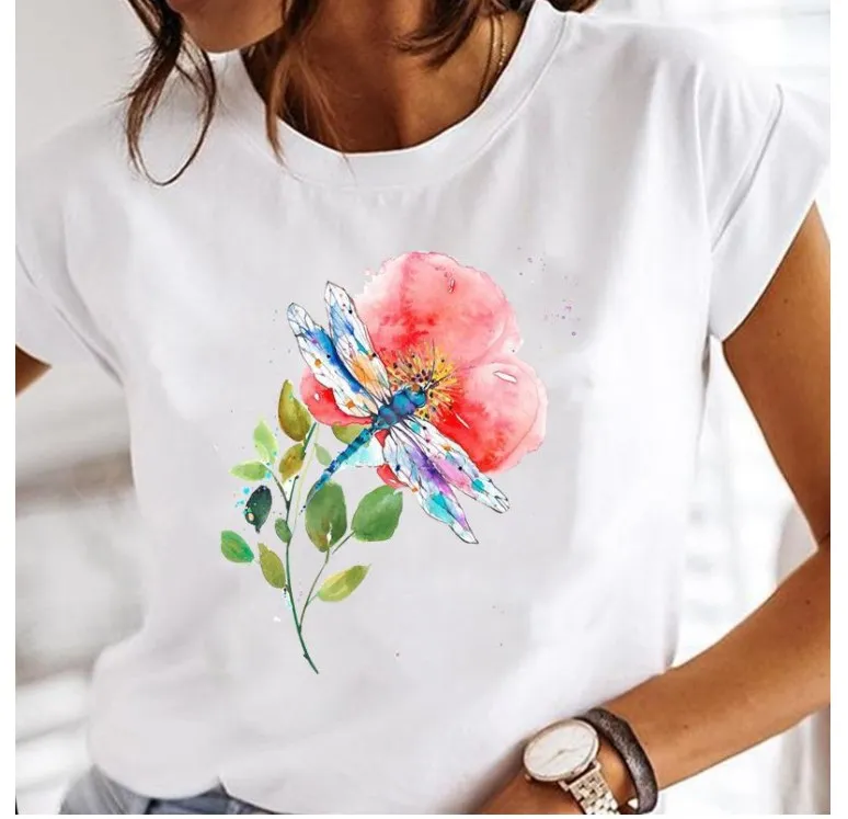 Blanc femmes imprimer vêtements aquarelle nouvelle belle femme hauts T-shirt mode impression dessin animé o-cou dames graphique T-Shirt