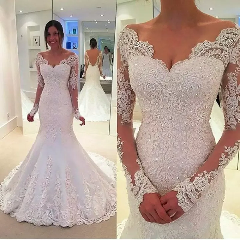 Wedding 2022 Mermaid Dresses Bridal Gown Beaded Crystals Lace Applique Long Sleeves Scalloped Neck Plus Size Beach Garden Vestido De Novia