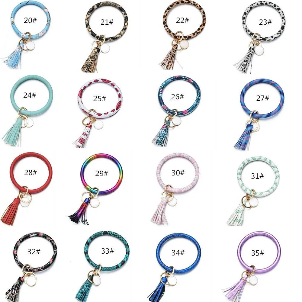 35 Styles Fashion Sun Flower/Flag Pattern key chain Leather Wrap Tassels Bracelets Keychain Wristlet Bracelet Tassel Keychains Round Bangle KeyRing DH8888