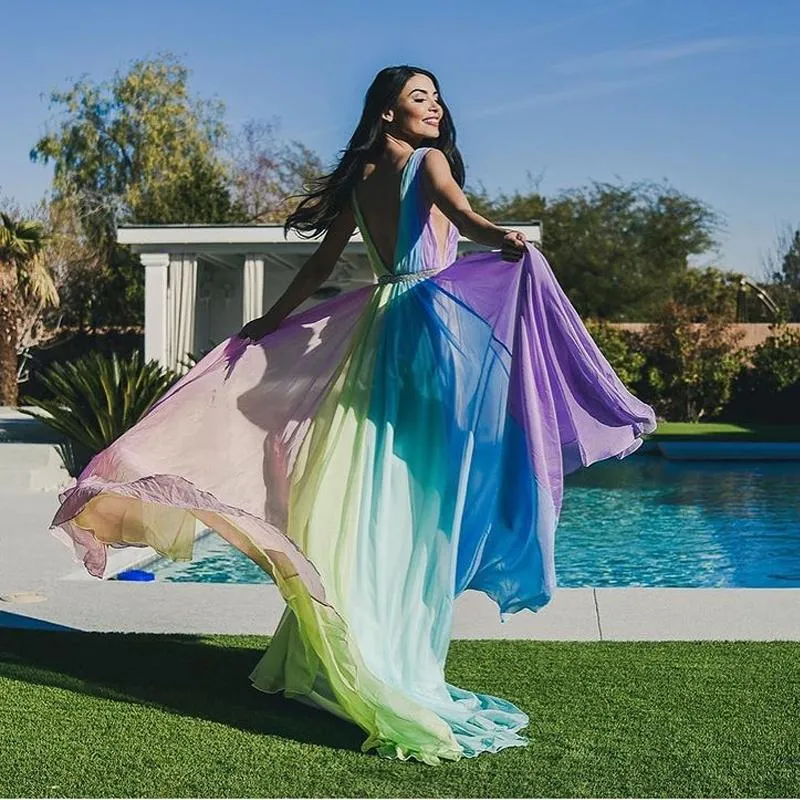 Rainbow Ombre Sheer V Neck Rainbow Prom Dress With Pleated A Line